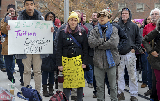 SU community rallies against tax plan; grad students announce unionization drive