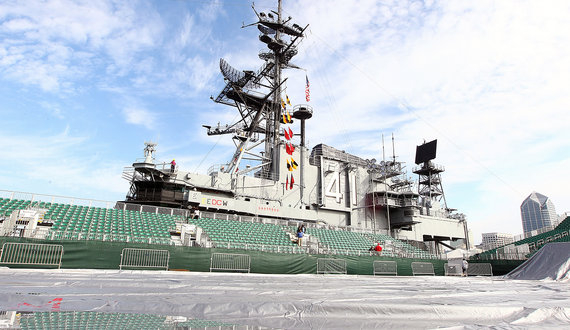 Battle on the Midway preparations continue on Thursday as ship is transformed into basketball court