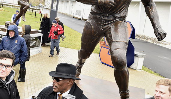 Statues of former SU legends Jim Brown, Floyd Little and Ernie Davis unveiled at new Plaza 44