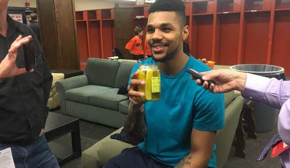 Michael Gbinije drinks pickle juice to help with the effects of playing heavy minutes