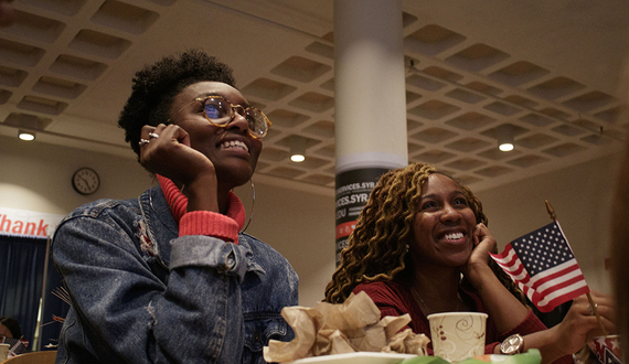 SU students of both parties come together to watch elections in Schine