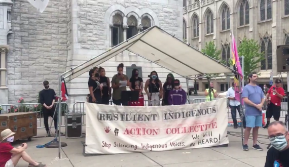 Indigenous community members rally for removal of Columbus statue