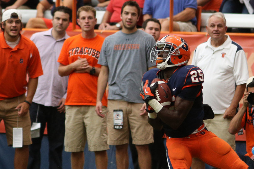 Wide receiver Jeremiah Kobena catches a touchdown pass from Ryan Nassib.