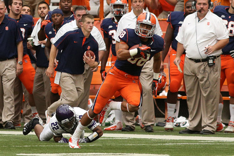 Syracuse wide receiver breaks free from Northwestern cornerback Demetrius Dugar in SU's 42-41 loss to Northwestern Saturday. 