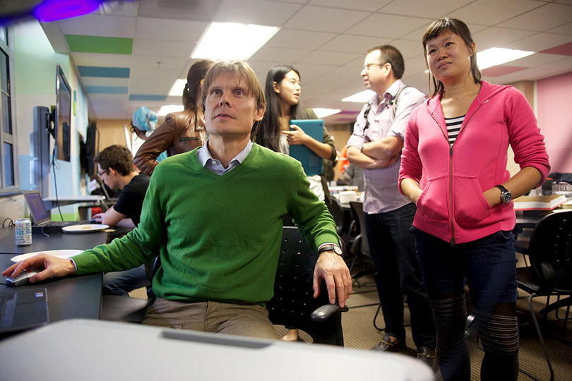 Carsten Oesterlund, an associate professor at the iSchool, tests out the video game "Forgotten Island" during its launch event on Monday afternoon. The event featured two educational games whose premises were based in science. 