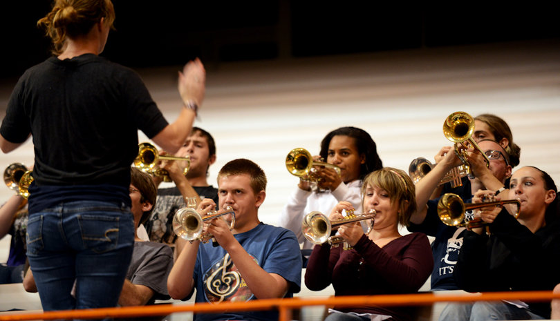 The SU Marching Band trumpet section practices.