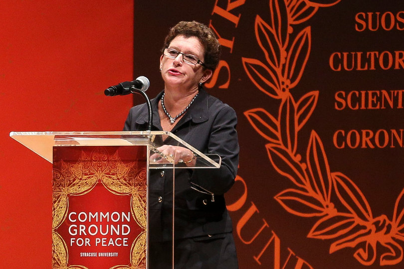 SU Chancellor Nancy Cantor addresses the crowd in Goldstein Auditorium before Monday morning's "Common Ground for Peace" panel.