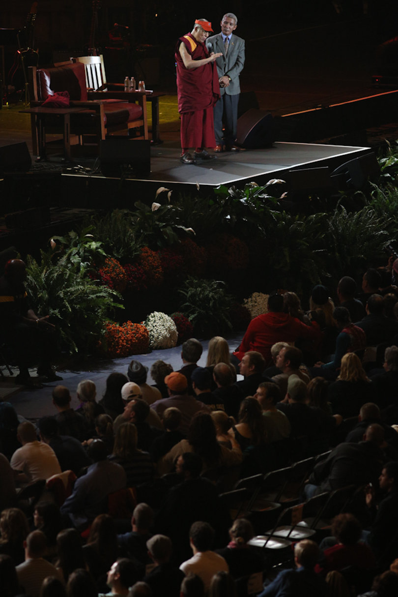 The Dalai Lama addresses the Carrier Dome crowd.