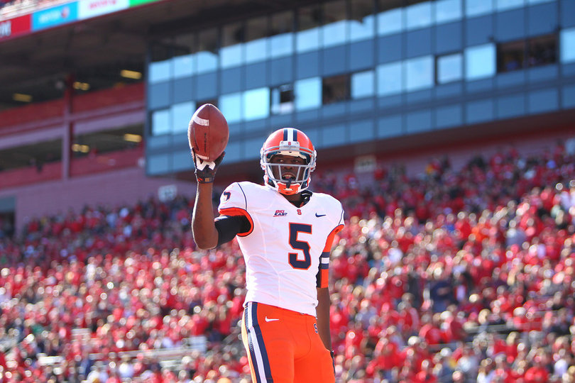 Syracuse wide receiver Marcus Sales tosses the ball away.