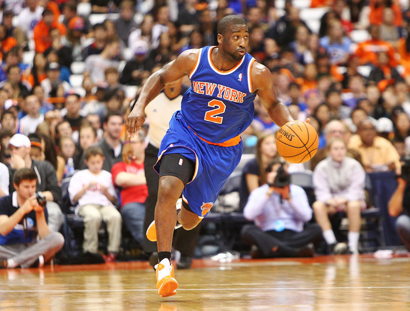 Raymond Felton of the New York Knicks drives the ball down the court.