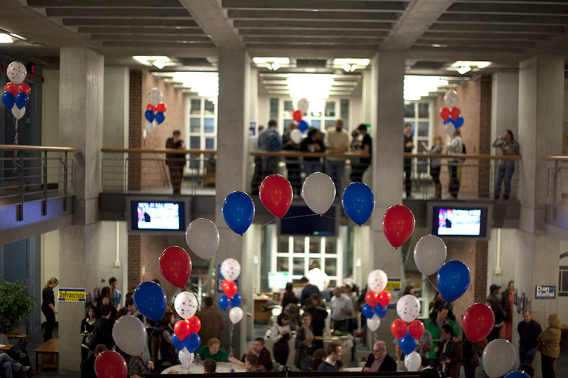 Viewers fill the second and third floor of eggers just as The Maxwell Election Watch Party begins.