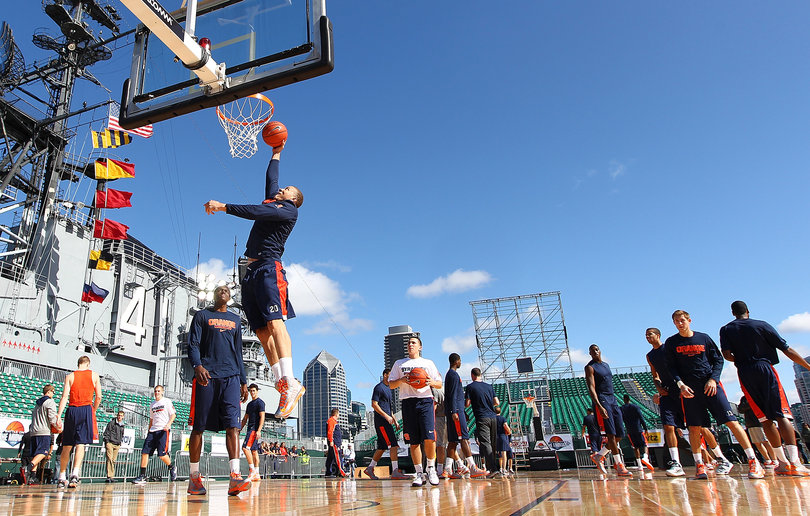 Brandon Triche shoots the ball during media day on Nov. 10, 2012 before Sunday's Battle on the Midway game against the San Diego State Aztecs aboard the USS Midway.