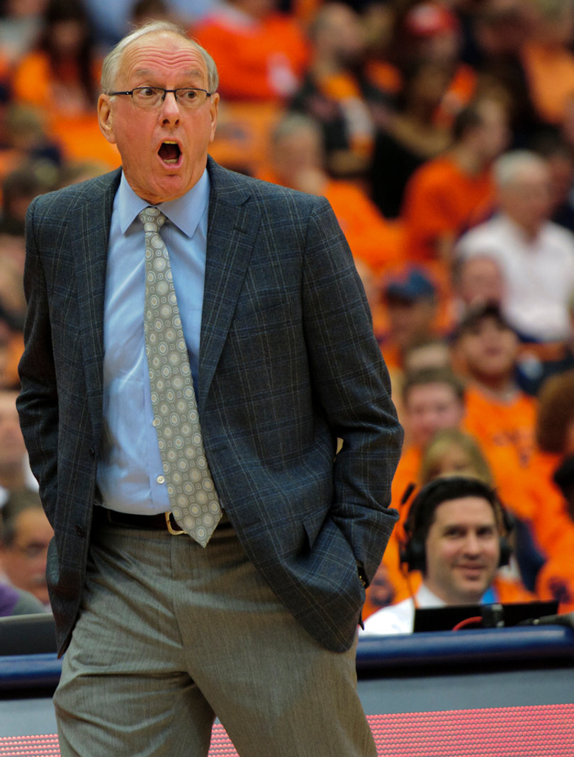 Syracuse head coach Jim Boeheim shouts to his team on the court.