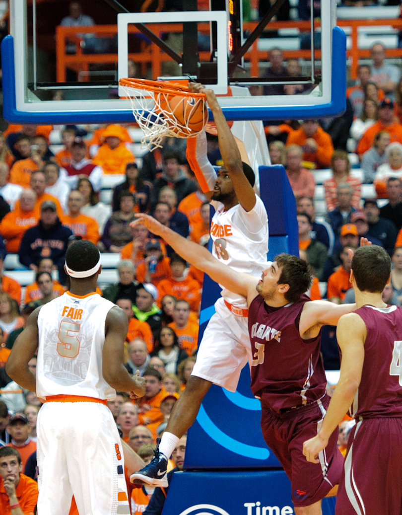 James Southerland finishes a dunk against Colgate. Southerland scored a team-high 18 points.