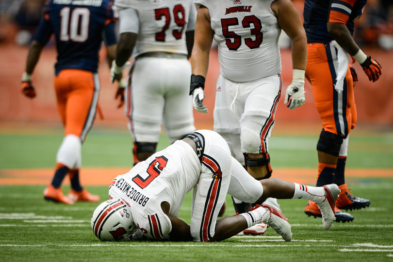 Louisville quarterback Teddy Bridgewater is slow to get up following a hit.