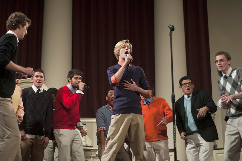 Cory tarallo, a sophomore theater major, belts out a song during A Cappella Against Hunger.