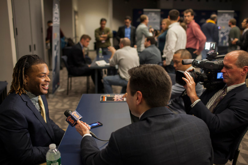 Shamarko Thomas speaks to the media at Wednesday's Pinstripe Bowl media session.
