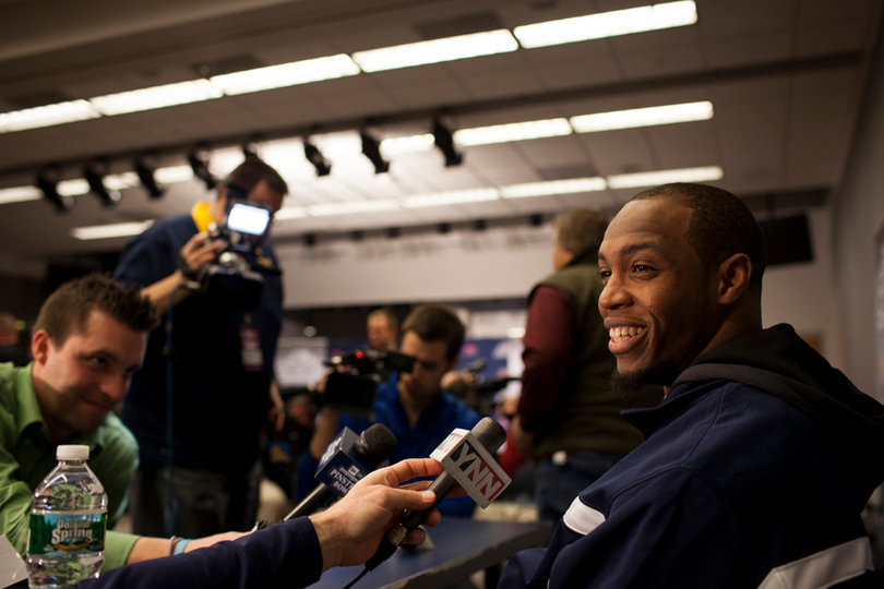West Virginia wide receiver Tavon Austin laughs with a reporter during the Pinstripe Bowl media day on Wednesday. 