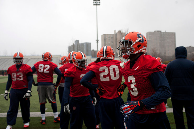Syracuse safety Durell Eskridge (3) walks along the sideline at Columbia University's Baker Athletics Complex on Thursday.