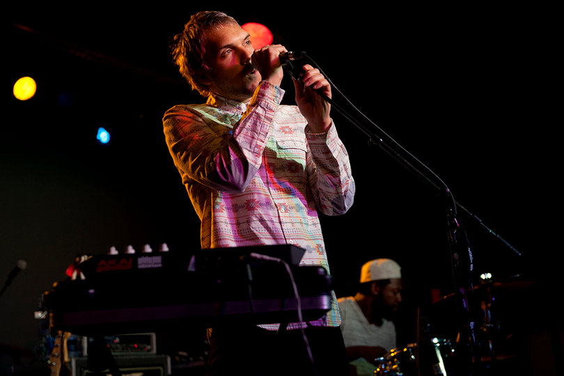 Nicholas Petricca croons to the crowd at the Schine Underground on Wednesday night. Ghost Beach, an indie band hailing from New York City, opened the concert. 