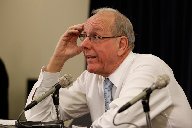 Jim Boeheim speaks at the post-game press conference after his team's first loss of the season.