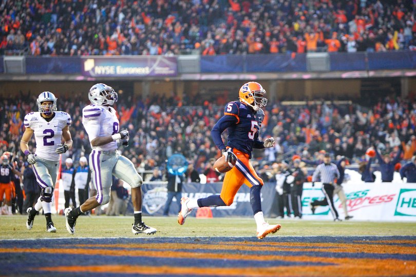 Marcus Sales scores against Kansas State in the 2010 Pinstripe Bowl. Sales finished with five catches for 172 yards and three touchdowns in the game.