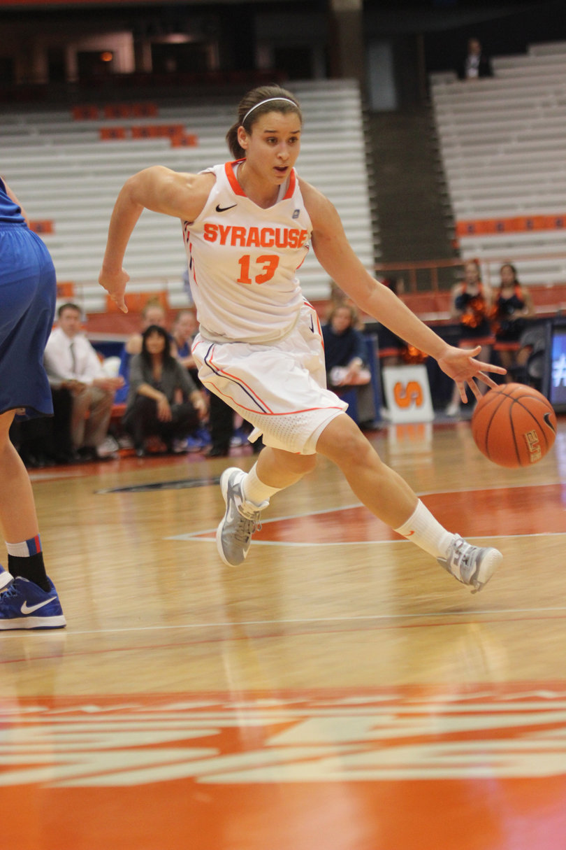 Brianna Butler dribbles through the DePaul defense.