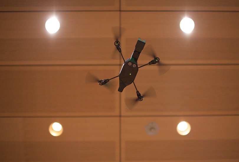 Dan Pacheco's drone flies above the Joyce Hergenhan Auditorium. 