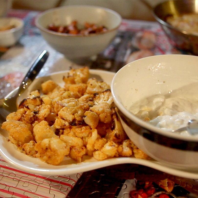 Buffalo-roasted Cauliflower (with a lightened-up bleu cheese dressing for dipping)