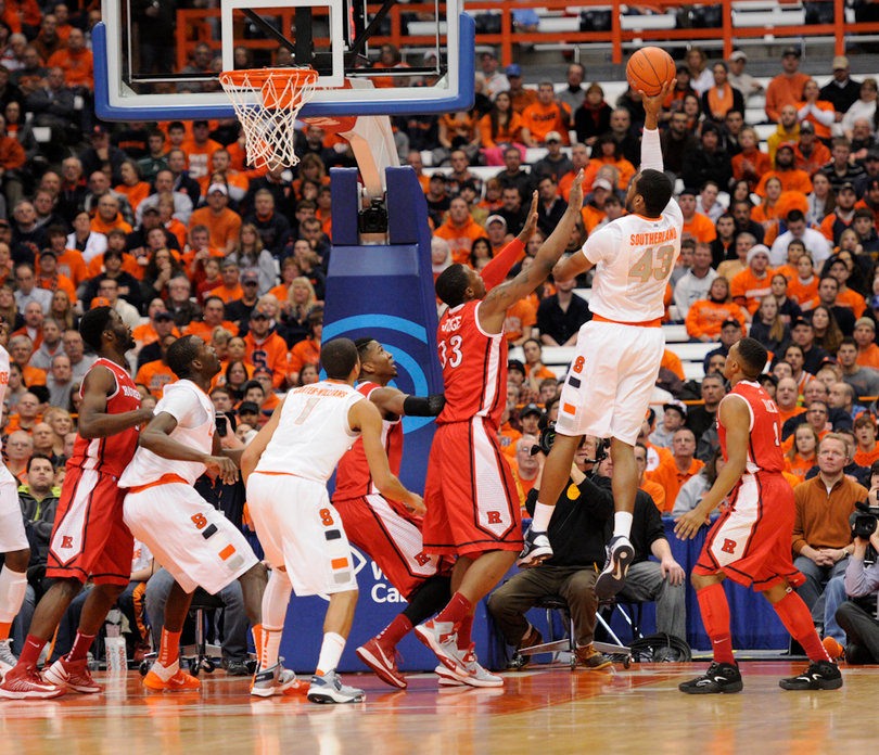 James Southerland attempts a floater over Rutgers forward Wally Judge.