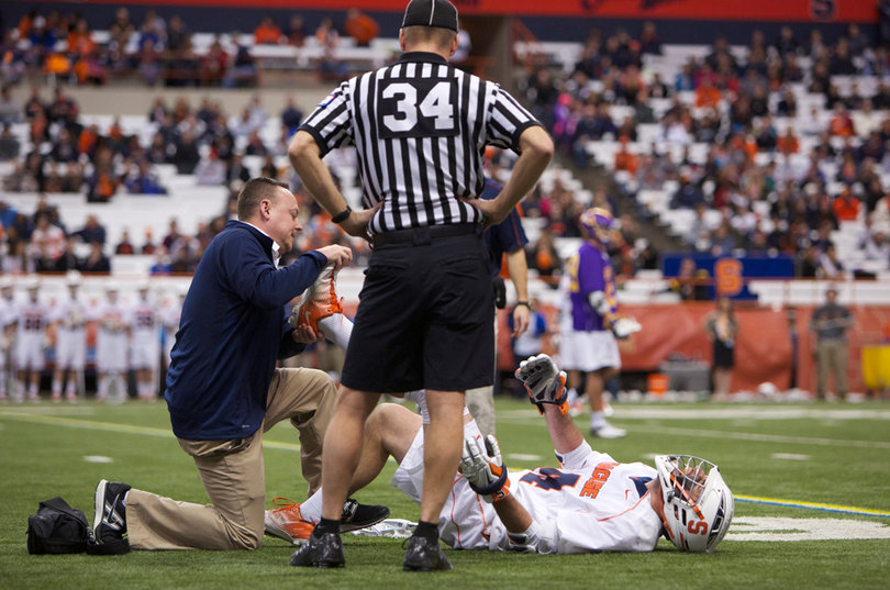 Steve Ianzito goes down with a cramp early in the fourth quarter. He returned. The captain took one shot and won three ground balls in the loss.