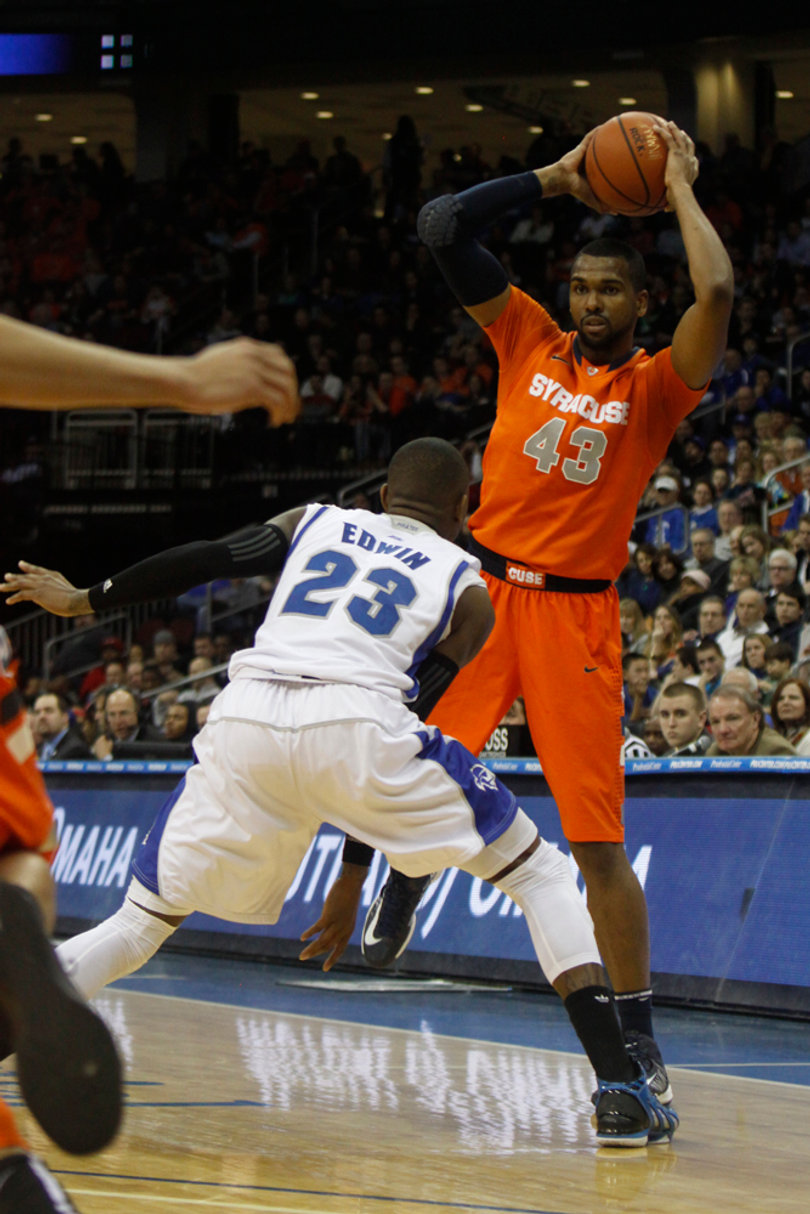 James Southerland holds the ball on the left wing against Seton Hall's Fuquan Edwin.