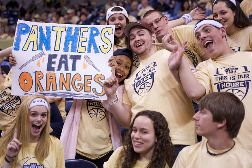 Members of the Pitt "Zoo" show off a sign prior to tip-off at the Petersen Events Center on Saturday. Pitt defeated the Orange 65-55 in the Big East matchup. 