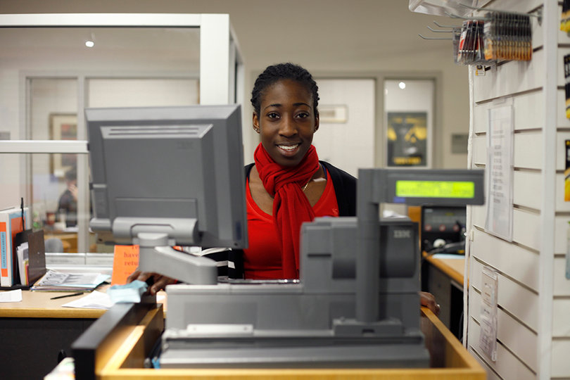 Tathiana Jones has a work study position at the bookstore in Schine Student Center.