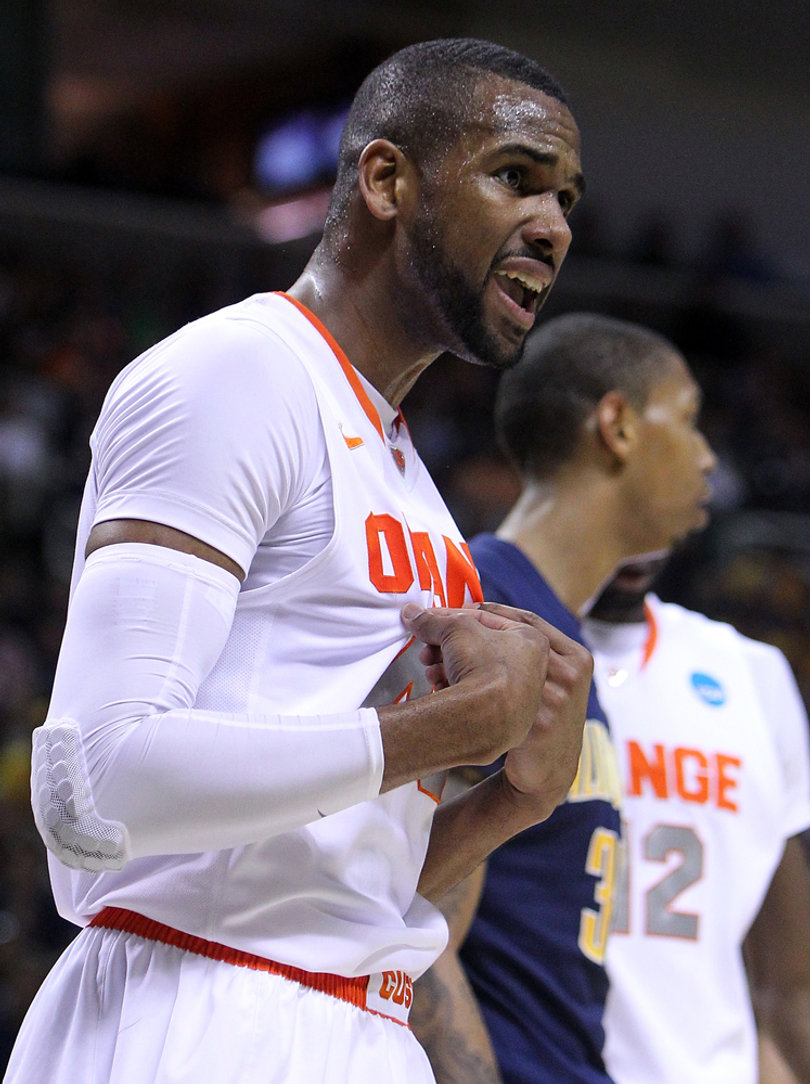  James Southerland #43 of the Syracuse Orange reacts after a play.