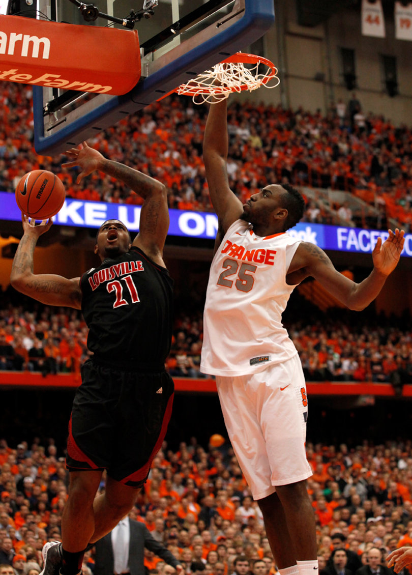 Rakeem Christmas blocks a shot by Louisville's Chane Behanan. Christmas scored two points, had two assists, grabbed three rebounds and committed four personal fouls in 23 minutes of play.