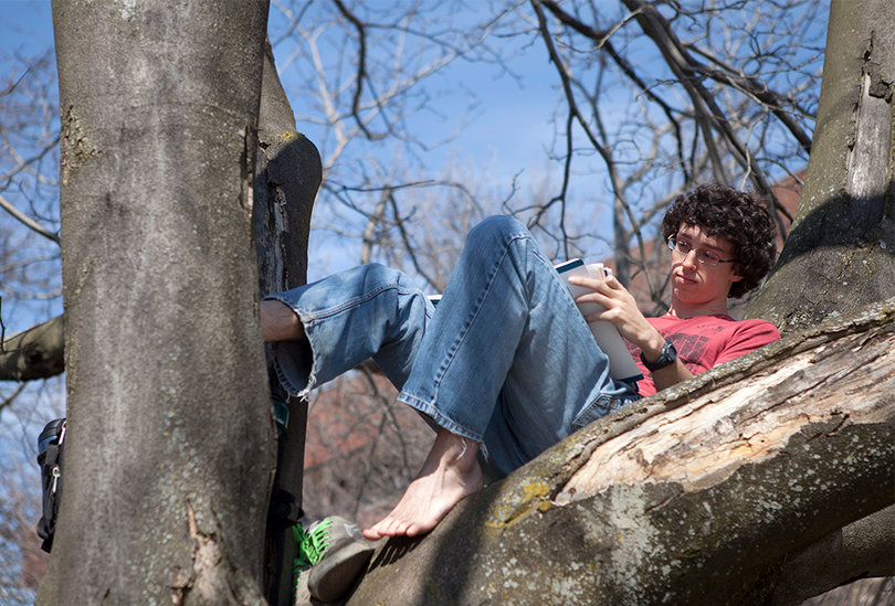 Corey Landis, a junior biomedical engineering major, breaks out some textbooks to study, perching in a tree on the quad outside of Link Hall. 