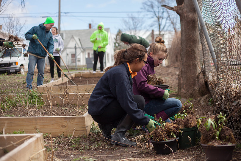 (From left) Maddy Oleszkiewicz and Sara Gatcomb, both freshmen broadcast and digital journalism majors, plant flowers in the garden of the Assumption Food Pantry in downtown Syracuse during The Big Event community service day Saturday.