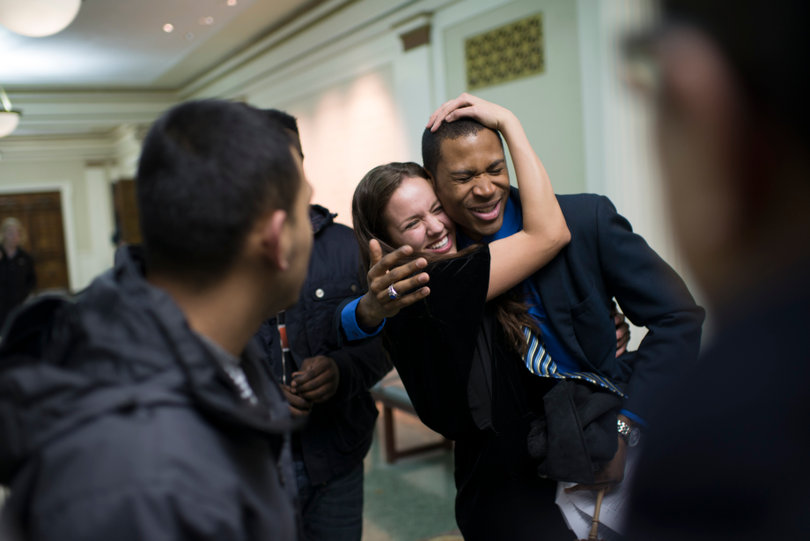 Allie Curtis hugs Duane Ford after the Student Association assembly members voted to not impeach Curtis. The final vote was 31 against impeachment and 20 for for Curtis' impeachment. 
