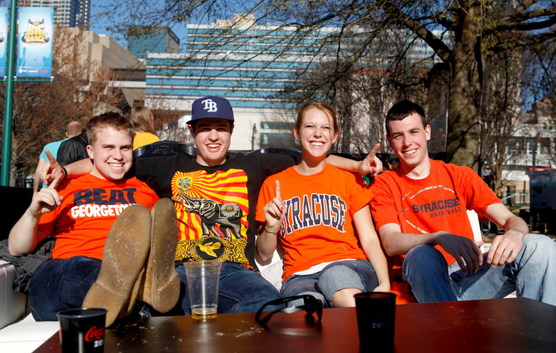 (From left) Patrick Duffy, Isaac Huntsman, Audry Hart and Kyle Christianson, sophomores at Syracuse University, drove to Atlanta to cheer on the Orange in the Final Four round of the NCAA Tournament. 