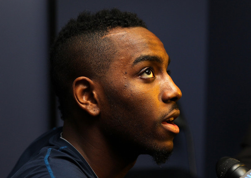 Rakeem Christmas (25) of the Syracuse Orange looks on during the Final Four interviews in the locker room