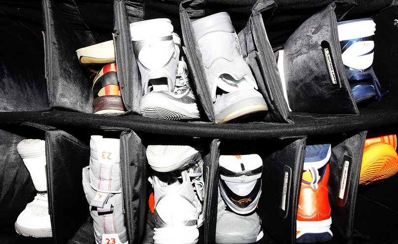 The sneakers of the Syracuse Orange are seen in a bag in the locker room during the Final Four interviews.