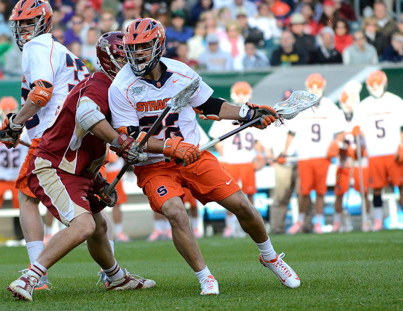JoJo Marasco backs down his defender. Marasco had three points in SU's five-goal fourth quarter.