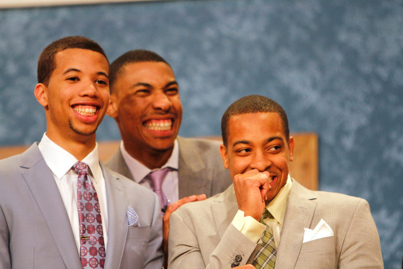 Michael Carter-Williams (left) smiles alongside Otto Porter (middle) and CJ McCollum before Thursday night's NBA Draft. Carter-Williams went to the Philadelphia 76ers with the 11th overall pick.