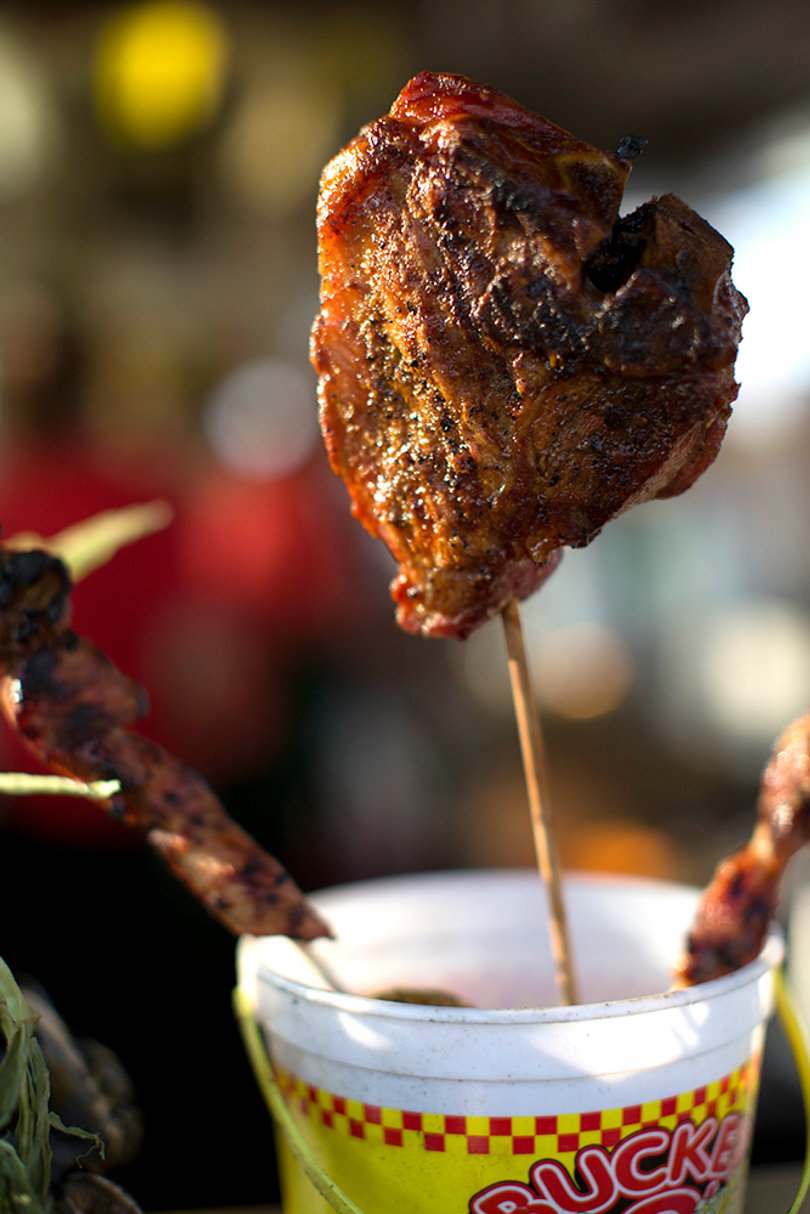 Vendors sell certain food that can only be found at the fair, like this steak on a stick. Other goodies include fried dough, potatoes, homemade lemonade, farm-fresh ice cream and sangria slushies.