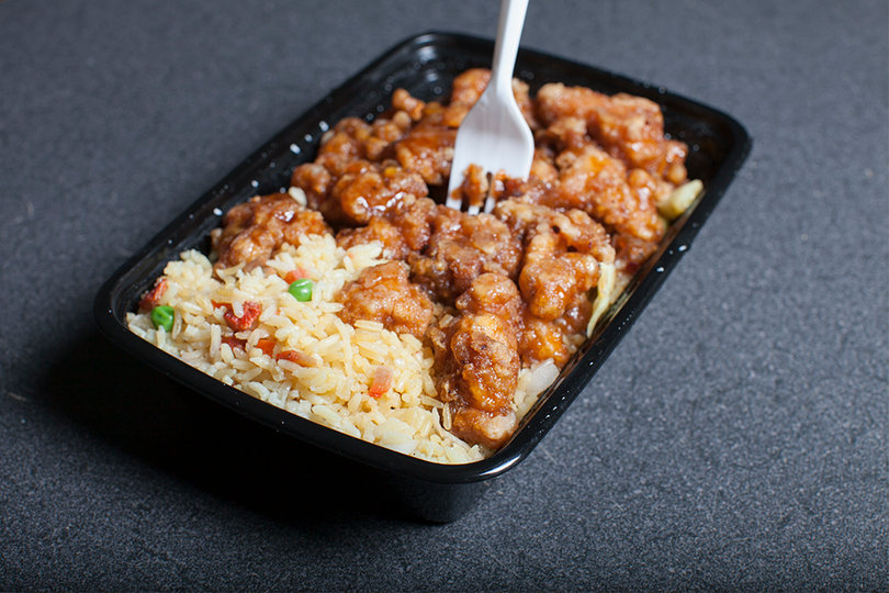 Mr. Stirfry serves a disappointing orange chicken that is soggy at every bite. Its redeeming quality is the fried rice.