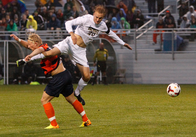 Sept 13, 2013: Emil Ekblom (Left) and Grant Van De Casteele (Right) fight for position in No. 4 Notre Dame's 3-0 win over Syracuse. The Orange was dominated throughout.