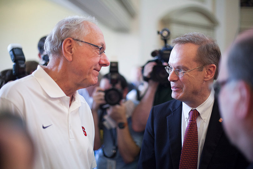 Sept. 12: Syracuse University men's basketball coach Jim Boeheim speaks with Kent Syverud after he was officially announced as SU's next chancellor. 