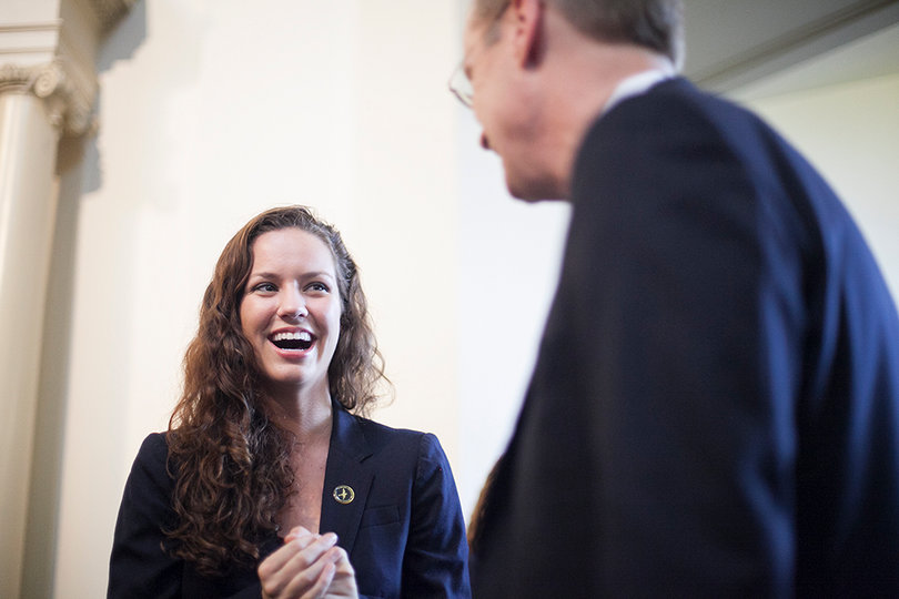 Student Association President Allie Curtis meets Kent Syverud, the next chancellor of Syracuse University.