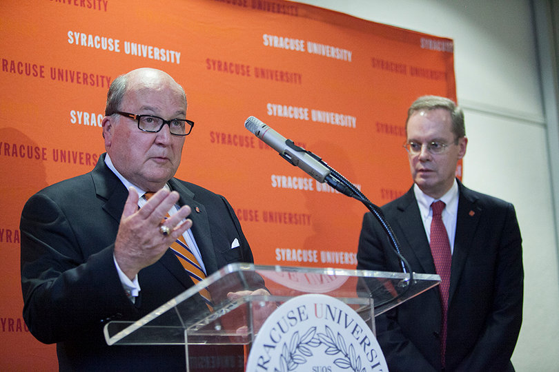 Board of Trustees Chairman Richard Thompson speaks to the media following the announcement that Kent Syverud would become Syracuse University's next chancellor.